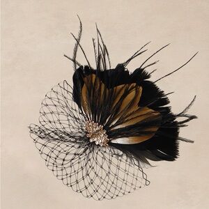 Babeyond Black and Gold Veil Rhinestone Feather Fascinator